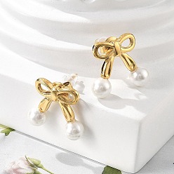 Настоящее золото 14K 304 серьги-гвоздики из пластика и нержавеющей стали с жемчугом, ионное покрытие (ip), бантом, реальный 14 k позолоченный, 17x19.5 мм