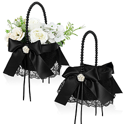 Черный Полиэстеровые цветочные корзины с бантом и пластиковыми жемчужинами на ручке, корзины для хранения на свадьбу, чёрные, 210x135 мм