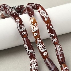 Dragon Pattern Нити бусин дзи в форме риса в тибетском стиле, природных бисера агат, окрашенная и подогревом, седло коричневый, рисунок дракона, 29~30x9.5~10.5 мм, отверстие : 2~3 мм, около 10 шт / нитка, 11.38~11.61'' (28.9~29.5 см)