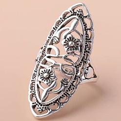 Античное Серебро Кольца из сплава с конским глазом и цветочным узором, античное серебро, лошадь глаз: 26x13 мм, размер США 8 (18.1 мм)