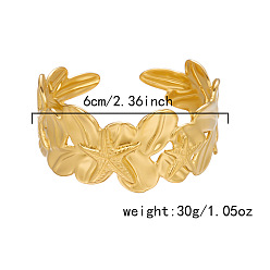 Starfish Ocean 304 Stainless Steel Open Cuff Bangles, Real 18K Gold Plated, Starfish, Inner Diameter: 2.36 inch(6cm)