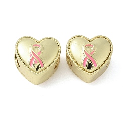 Сердце Латунь эмаль европейские шарики, бусины с большим отверстием, стойки покрытие, долговечный, без свинца и без кадмия, реальный 18 k позолоченный, Сердце с осознанием ленты, 12x13x10.5 мм, отверстие : 4.5 мм