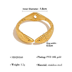 Fish 304 Stainless Steel Cuff Open Rings, Golden, Fish, 18mm