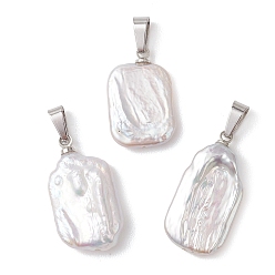 Нержавеющая Сталь Цвет Натуральный жемчуг барокко подвески с жемчугом кеши, прямоугольные подвески 201 с защелками из нержавеющей стали, белые, цвет нержавеющей стали, 19~24x12~13x3~6 мм, отверстие : 6x2.5 мм