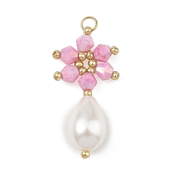 Pearl Pink Electroplate Glass Pendants, Snowflake with Teardrop Charm, with 304 Stainless Steel Open Jump Rings & Glass Pearl & Glass Seed Beads, Faceted, Pearl Pink, 31x15x9mm, Hole: 3mm