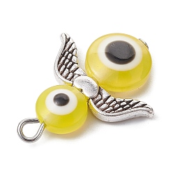 Mixed Color 10Pcs 10 Styles Evil Eye Resin Bead Pendants, Angel Charms with Antique Silver & Antique Golden Plated Alloy Wings, Mixed Color, 25.5x20x5~5.5mm, Hole: 1.6mm, 1pc/style