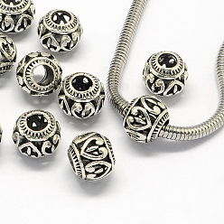 Antique Silver Alloy European Beads, Large Hole Beads, Rondelle, Hollow, Antique Silver, 11x9mm, Hole: 4.5mm