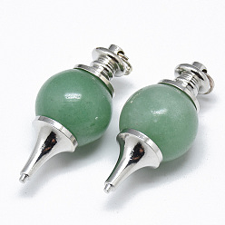 Зеленый Авантюрин Естественный зеленый авантюрин подвески, с платиновым тоном латуни и железными двойными петлями, маятник, 40.5x18 мм, отверстие : 6 мм