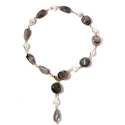 Gris Oscuro Collares tipo lariat de resina de aleación con perlas de imitación para mujer, dorado, gris oscuro, 26.38 pulgada (67 cm)