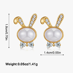 Золотой Серьги-гвоздики из латуни с микропаве из прозрачных кубических цирконий в форме кролика, с пластиковой имитационной жемчужиной, золотые, 18x14 мм