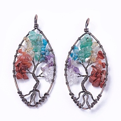 Смешанные камни Чакра ювелирные изделия, природные и синтетические смешанные каменные подвески, с латунной фурнитурой , лошадь глаз с деревом, Красная медь, 80~90x36~40x5~8 мм, отверстие : 6~7 мм