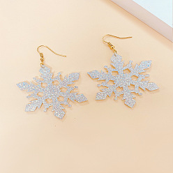 Серебро Серьги-подвески с акриловыми блестками и пудрой в виде снежинок, золотые, серебряные, 73x46 мм