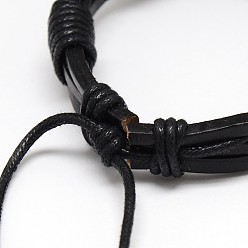 Black Trendy Unisex Casual Style Waxed Cord and Leather Bracelets, Black, 56mm