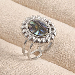 Нержавеющая Сталь Цвет 304 Открытые кольца-манжеты из нержавеющей стали с натуральными ракушками для женщин, овальные, цвет нержавеющей стали, 18 мм, внутренний диаметр: 19 мм