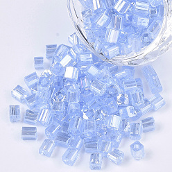 Cornflower Blue 6/0 Glass Seed Beads, Transparent Colours Luster, Square Hole, Cube, Cornflower Blue, 6/0, 3~5x3~4x3~4mm, Hole: 1.2~1.4mm, about 4500pcs/bag