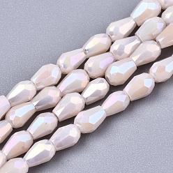 Розовый Стеклянные бусины с гальваническим покрытием , с покрытием AB цвета, Грановитая Teardrop, туманная роза, 4x3 мм, отверстие : 0.7 мм, около 95~98 шт / нитка, 15.74~16.53 дюйм (40~42 см)