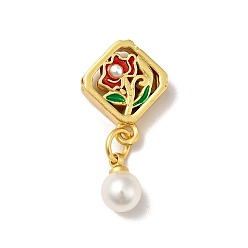Mattgoldene Farbe Raute mit Blumengestell, Messing-Emaille-Perlen, baumeln runde Plastikperlen, langlebig überzogen, cadmiumfrei und bleifrei, mattgoldene Farbe, 25.5x12x6 mm, Bohrung: 1.5 mm