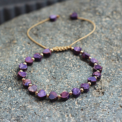 Средняя Орхидея Женские плетеные браслеты из бусин в форме сердца из натуральной имперской яшмы, окрашенной в богемском стиле, с латунными бусинами и вощеным шнуром, средне орхидеи, 5.91~9.84 дюйм (15~25 см)