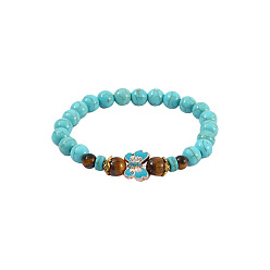 Темно-бирюзовый Браслеты из круглых бусин с синтетической бирюзой и натуральным тигровым глазом, браслеты с подвесками в виде бабочек из сплава и эмали для женщин, темные бирюзовый, 6-3/4~7-1/8 дюйм (17~18 см)