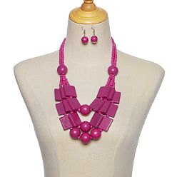 Средний Фиолетово-красный Наборы из деревянных прямоугольных и круглых бусин, многослойные ожерелья и серьги-подвески, средне фиолетовый красный, 610 мм