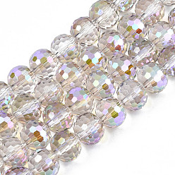 Violet Electroplate Transparent Glass Beads Strands, Faceted, Round, Violet, 10x9mm, Hole: 1.5mm, about 68~70pcs/strand, 24.4~25.19 inch(62~64cm)