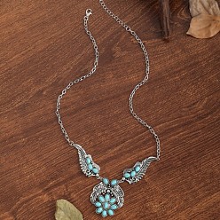 Бледно-бирюзовый Ожерелья с подвеской в виде перьев из сплава паве из синтетической бирюзы в стиле бохо для женщин, античное серебро, бледные бирюзовая, 18.50~21.26 дюйм (47~54 см)