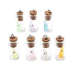 (52) Непрозрачная лаванда Подвески из стеклянной смолы для бутылок с желаниями на Хэллоуин, колонна с призраком, с петлей из платинового сплава и пробковой пробкой, разноцветные, 28~28.5x11 мм, отверстие : 2 мм