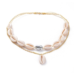 Platinum & Golden 2 Layered Necklaces, with Cowrie Shell Beads, Waxed Polyester Cord, Golden Plated Brass Cable Chains and 304 Stainless Steel Lobster Claw Clasps, Platinum & Golden, 18.3 inch(46.5cm)