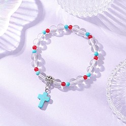 Темно-бирюзовый Браслеты с подвесками-крестиками из синтетической бирюзы, Браслеты из синтетического кварцевого кристалла и окрашенного натурального малайзийского нефрита для женщин, темные бирюзовый, внутренний диаметр: 2-1/8 дюйм (5.5 см)