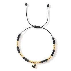 Черный Браслеты с подвесками в виде сердечек из латуни с эмалью, Браслеты из плетеных бусин из стекла и латуни для женщин, золотые, чёрные, 11.02 дюйм (28 см)