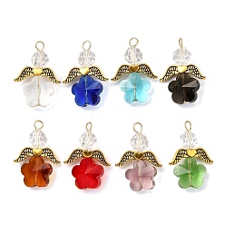 (52) Непрозрачная лаванда Прозрачные стеклянные подвески, цветок, с крылом из сплава и бусиной из искусственного австрийского хрусталя и 304 петлей из нержавеющей стали, граненые, разноцветные, 28.5x20.5x9 мм, отверстие : 2.5 мм