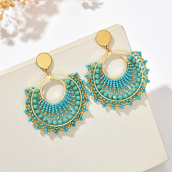 Темно-бирюзовый Плоские круглые 304 серьги-гвоздики из нержавеющей стали с бусинами из стекла, золотые, темные бирюзовый, 70x52 мм