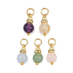 Смешанные камни 5 шт. 5 стили: натуральный зеленый авантюрин, розовый кварц, аметист, окрашенный белый нефрит и цитрин, круглые подвески, с латунными хрустальными бусинами-разделителями из стразов и 304 соединительными кольцами из нержавеющей стали, золотые, 14x6.5 мм, отверстие : 3.2 мм, 1 шт / стиль