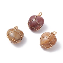 Indian Agate Natural Indian Agate Pendants, with Real 18K Gold Plated Eco-Friendly Copper Wire, Heart, 25x20x14~15mm, Hole: 2~2.2mm
