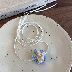 Васильковый Регулируемое ожерелье-чокер ручной работы из ткани с цветами и атласной лентой для женщин, васильковый, 53.15 дюйм (135 см)