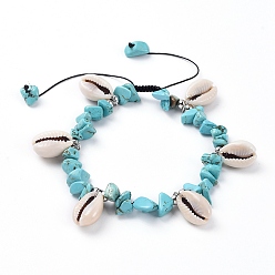 Synthetic Turquoise Adjustable Nylon Thread Braided Bead Bracelets, with Synthetic Turquoise(Dyed) Chip Beads, Cowrie Shell Beads and Platinum Plated Brass Beads, 2 inch~3-3/8 inch(5~8.6cm)
