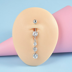 Teardrop 304 Кольца для пупка из нержавеющей стали с микропаве из кубического циркония, цвет нержавеющей стали, слеза, 10 мм, штифты : 1.6 мм