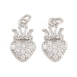 Платина Подвески из латуни с микро-паве ко Дню святого Валентина, прозрачные циркониевые подвески, без никеля , сердце с подвесками в виде короны, платина, 14x8x2.5 мм, отверстие : 1.8 мм