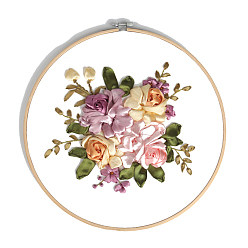Colorful DIY Flower & Leaf Pattern Embroidery Kits, Including Printed Cotton Fabric, Embroidery Thread & Needles, Imitation Bamboo Embroidery Hoop, Colorful, 30x30cm