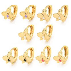 Mixed Color Flower Real 18K Gold Plated Brass Hoop Earrings, with Enamel, Mixed Color, 10.5x10mm