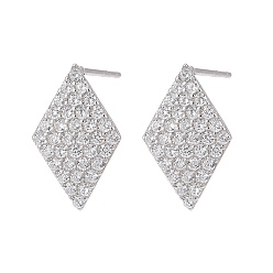 Platinum Anti-Tarnish Rhodium Plated 925 Sterling Silver Stud Earring Findings, with Micro Pave Cubic Zirconia, Bar Links and Ice Pick Pinch Bail, Rhombus, Platinum, 13x8mm, Hole: 2x4mm, Pin: 0.8mm