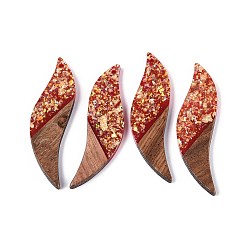 Темно-Красный Большие подвески из непрозрачной смолы и орехового дерева, лист прелести, с блестящей пудрой и золотой фольгой, темно-красный, 51~51.5x15x3.5 мм, отверстие : 1.8 мм