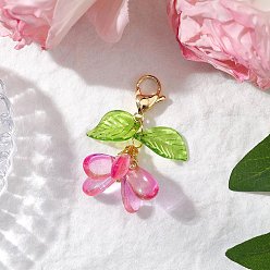 Ярко-Розовый Подвески из цветочного стекла украшения, с 304 из нержавеющей стали Lobster Claw застежками, ярко-розовый, 40 мм