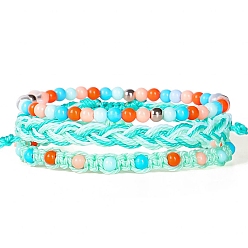 Голубой 3шт 3 стиль набор браслетов из плетеных бусин из вощеного шнура, регулируемые штабелируемые браслеты, голубой, 6-1/4~6-3/4 дюйм (16~17 см), 1 шт / стиль