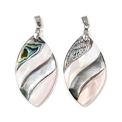 Horse Eye Подвески из натуральной ракушки-абалона, черной ракушки-губоноски и розовой ракушки, с защелкой из нержавеющей стали на поручнях, цвет нержавеющей стали, лошадиный глаз , 47~48x26~28x3.5~4 мм, отверстие : 5x3.5 мм