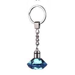 Deep Sky Blue Diamond Shape Faceted Glass Keychain, with Platinum Plated Iron Split Key Rings, Deep Sky Blue, 96mm, Pendants: 30.5x30mm