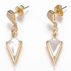 Golden Brass Micro Pave Clear Cubic Zirconia Dangle Stud Earrings, with Natural White Shell Mother of Pearl Shell and Ear Nuts, Rhombus, Golden, 34mm, Pin: 0.6mm