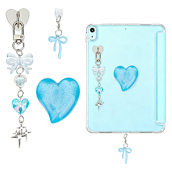 Темно-Голубой 1 Набор из круглых держателей для мобильных телефонов и подвесок из акрила и цинкового сплава с бантиками., с мобильными пылезащитными заглушками, платина, глубокое синее небо, 135 мм