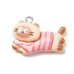 Melocotón de Soplo Colgantes de la resina opacos, encanto de gato con traje de rayas rosas, con perno de ojo de hierro platino, peachpuff, 19x26x8 mm, agujero: 2 mm
