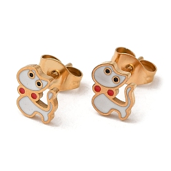 Real 18K Gold Plated Ion Plating(IP) 304 Stainless Steel Stud Earrings with Red Enamel, Cat Shape, Real 18K Gold Plated, 7.5x6mm